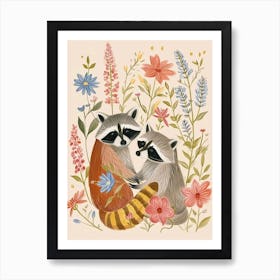 Folksy Floral Animal Drawing Racoon 2 Art Print