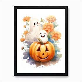 Cute Ghost With Pumpkins Halloween Watercolour 18 Art Print