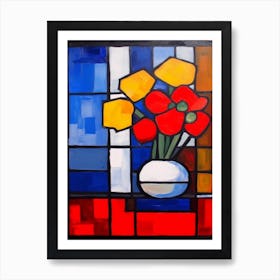 Anemone With A Cat 2 Stained Glass De Stijl Style Mondrian Art Print