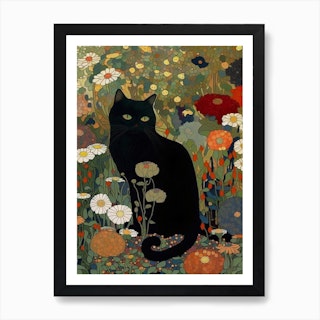Klimt Style, Black Cat In A Garden Art Print