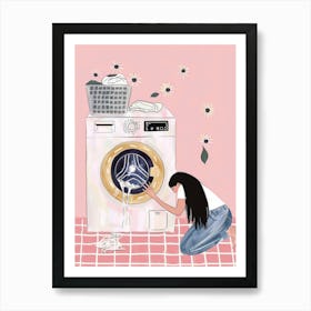 Illustration Of A Woman Washing Clothes Art Print