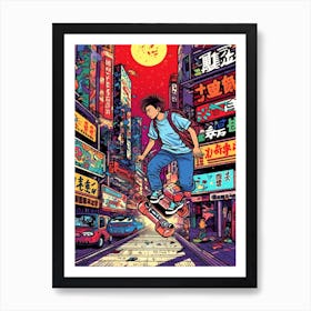 Skateboarding In Shanghai, China Comic Style 3 Art Print