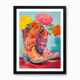 Oil Painting Of Colourful Flowers And Cowboy Boots, Oil Style 3 Art Print