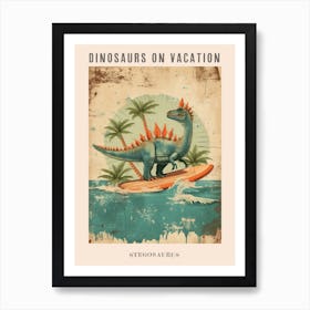 Vintage Stegosaurus Dinosaur On A Surf Board 3 Poster Art Print