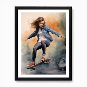 Girl Skateboarding In San Francisco, United States Watercolour 2 Art Print