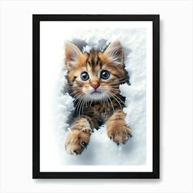 Cute Kitten Cat Peeking From Snow 11 Art Print