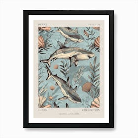 Pastel Blue Squatina Genus Shark Watercolour Seascape Pattern 2 Poster Art Print