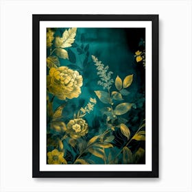 Gold And Teal Floral Painting nature flower Art Print