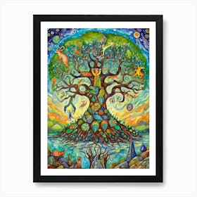 Mystical Tree Of Life With Creatures Of Folklore Art Print