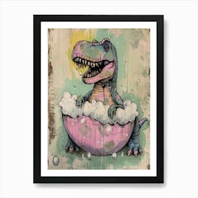 Dinosaur In The Bubble Bath Pastel Pink Abstract Illustration 3 Art Print