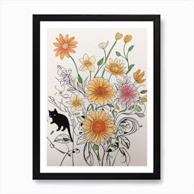 Flowers And Cat Luckycharms Art Print