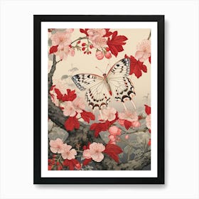 White Butterfly Red Flowers Japanese Style Painting Art Print