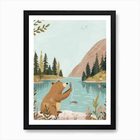 Sloth Bear Catching Fish In A Tranquil Lake Storybook Illustration 1 Art Print