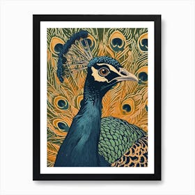 Blue Mustard Peacock Portrait With Feathers Art Print