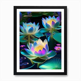 Lotus Flowers In Garden Holographic 3 Art Print