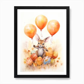 Kangaroo Flying With Autumn Fall Pumpkins And Balloons Watercolour Nursery 3 Art Print