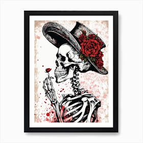 Floral Skeleton With Hat Ink Painting (90) Art Print