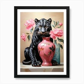 Black Panther With Pink Roses art print Art Print