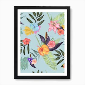 Tropical Brush Watercolor Exotic Flowers Pattern Art Print