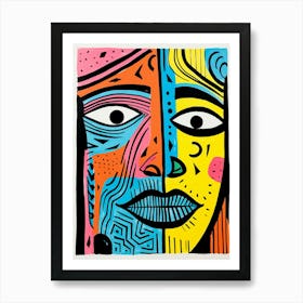 Colourful Linocut Inspired Face Illustration 3 Art Print