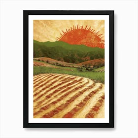 Sun Rising Over A Field Art Print