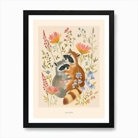 Folksy Floral Animal Drawing Racoon Poster Art Print