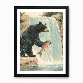 American Black Bear Catching Fish In A Waterfall Storybook Illustration 3 Art Print