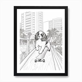 Cavalier King Charles Spaniel Dog Skateboarding Line Art 1 Art Print