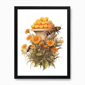 Orange Footed Flower Bee Beehive Watercolour Illustration 3 Art Print
