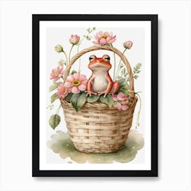 Cute Pink Frog In A Floral Basket (12) Art Print