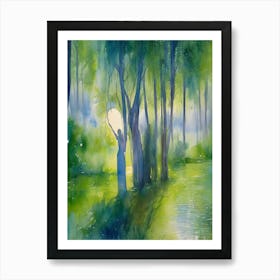 Dryads Optical Illusion Women Nymphs Trapped in the Woods Camouflaged Watercolor Awaiting a Victim Wailing Sirens - Interesting Impressionism Green Blue Birch and Willow Tree Forest and Lake - Pagan Feature Gallery Wall Siren Calling HD 1 Art Print