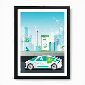 Illustration Of A Sleek Futuristic Electric Vehicle Charging At A Station With A Modern Urban Road 1 Art Print