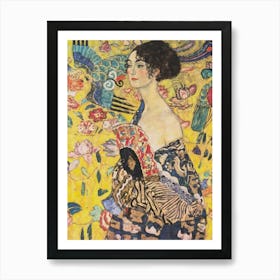 Woman With Fan, Colorful Vintage Klimt Woman Portrait Art Print