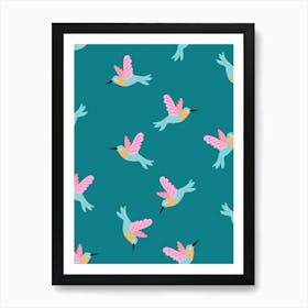 Happy Little Humming Birds on Dark Teal Art Print