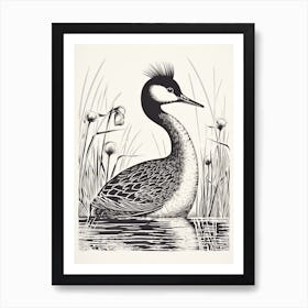 B&W Bird Linocut Grebe 4 Art Print