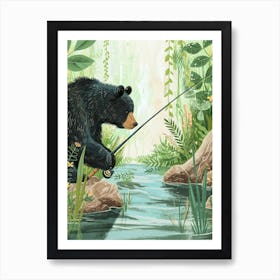 American Black Bear Fishing In A Stream Storybook Illustration 4 Art Print