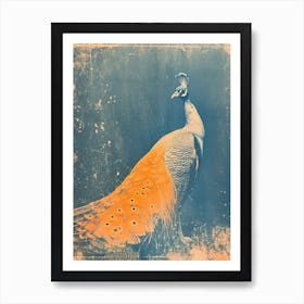 Vintage Navy Blue & Orange Peacock Portrait Art Print