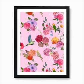 Roses Birds Pink Art Print