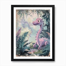 Cute Dinosaur In The Leaves Storybook Style 1 Poster