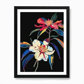 Neon Flowers On Black Camellia 4 Art Print