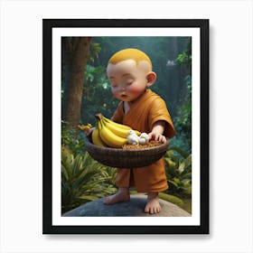 Little cartoon boy with a box of bananas Art Print