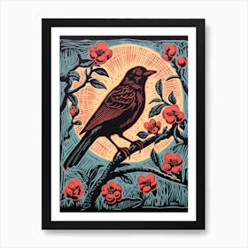 Vintage Bird Linocut Cowbird 5 Art Print