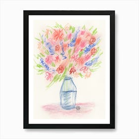 Bouquet Of Joy - hand drawn pastel floral flowers vertical red blue green ivory living room kitchen Art Print