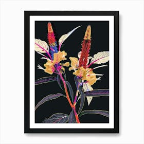 Neon Flowers On Black Celosia 3 Art Print