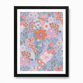 Wonderful Flora and Fauna Pastel Moths and Butterflies Flower Field Art Print