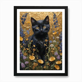 Klimt Style Black Kitten Cat in English Garden Wild Flowers Gold Leaf Painting - Gustav Klimt Monet Waterlillies HD High Resolution Poppies 1 Art Print