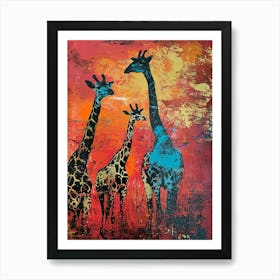 Giraffe Herd In The Red Sunset 4 Art Print