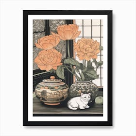 Drawing Of A Still Life Of Lotus With A Cat 2 Art Print