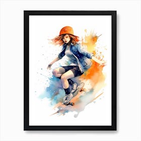 Girl Skateboarding In Miami, United States Watercolour 4 Art Print