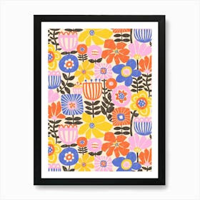 Into The Garden - Paper Flowers Collage Black Pink Orange Yellow Blue White Art Print